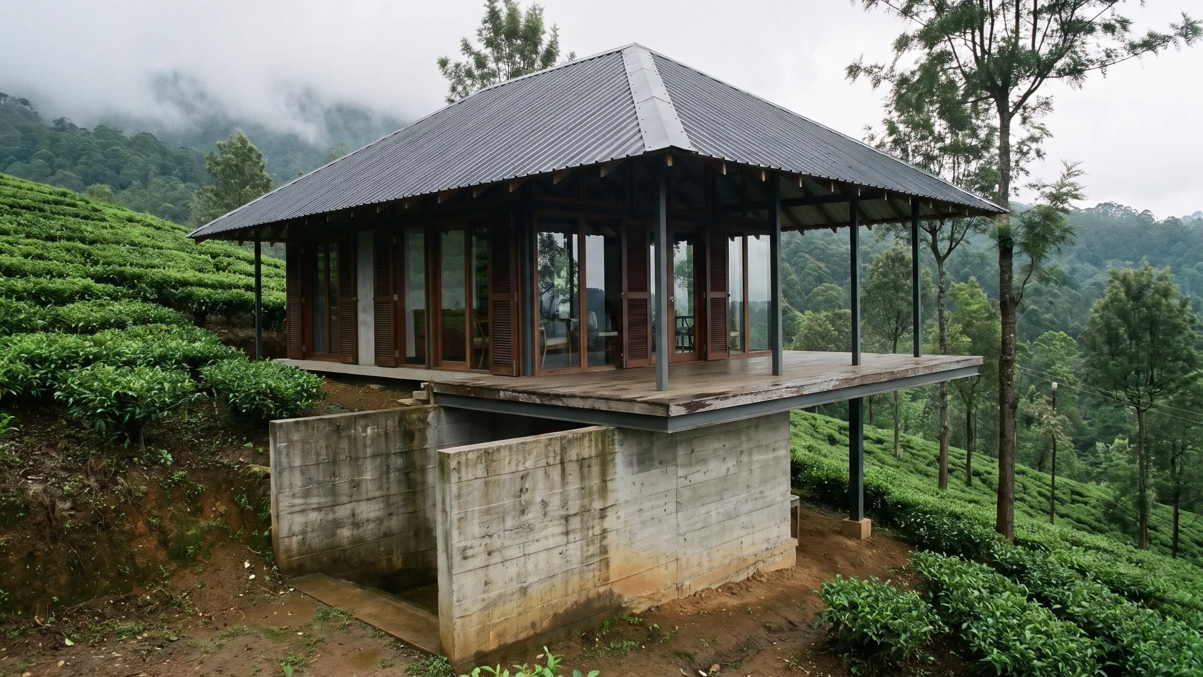 Hillside Weekend House, Sreemangal: timber pavilion under a steep corrugated roof on a board-marked concrete base, among tea bushes with low cloud behind