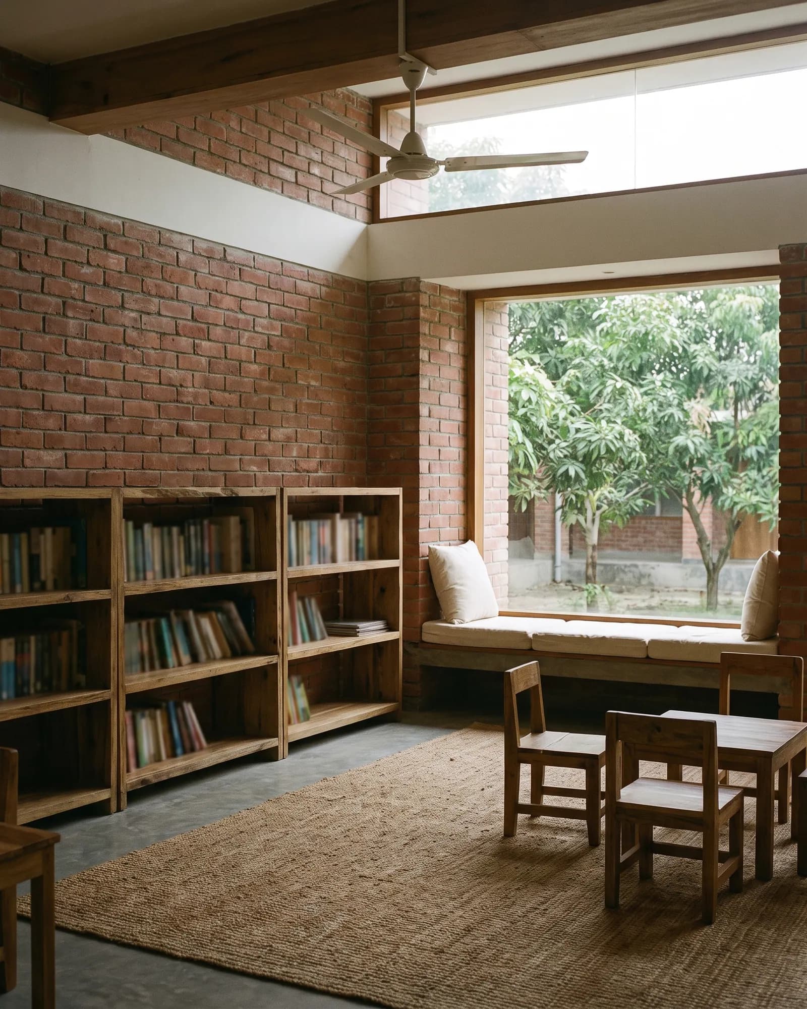 Children's room with low timber shelves against a brick wall and a window seat looking onto a mango tree