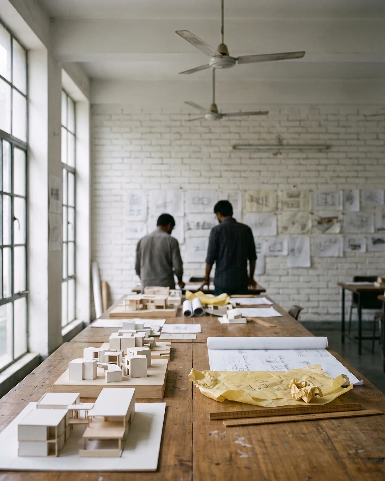 Studio worktable covered with card models and rolled drawings, lit by tall windows
